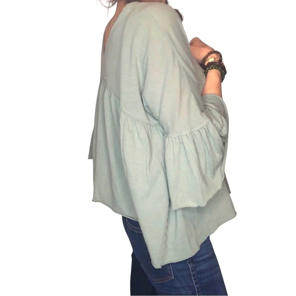 We The Free FP Cropped Boho Button Down Top Sz S Flowy Oversized Green Cotton